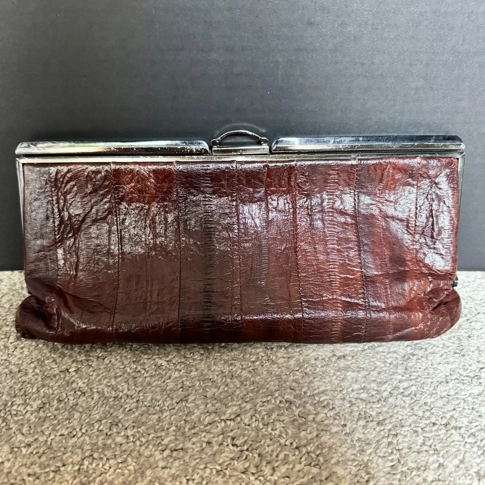 Vintage Genuine EEL SKIN Brown Kiss Lock Clutch Purse